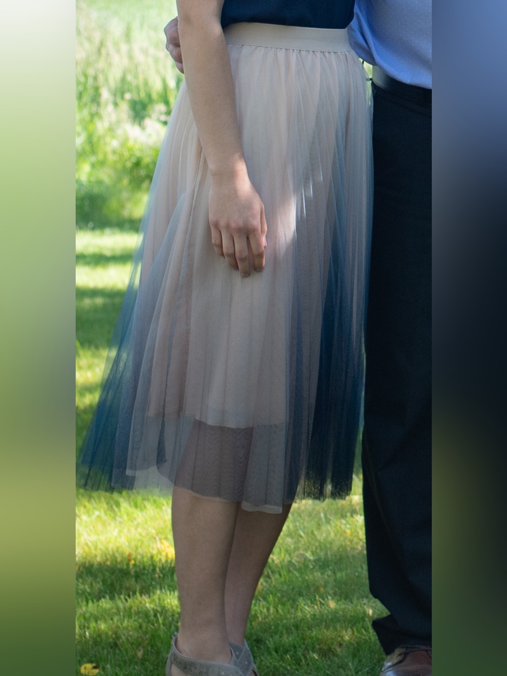 Molly Bracken Blush and Navy Pleated Tulle Midi Skirt